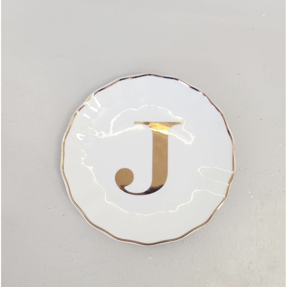 Williams Sonoma Salad Dessert Plate White New Monogram J 24k Gold Scalloped Rim